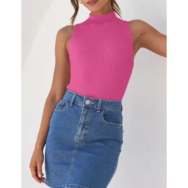 imageZESICA Womens Summer Ribbed High Neck Tank Tops Slim Fit 2024 Fashion Casual Basic Knit Sleeveless ShirtsHotpink