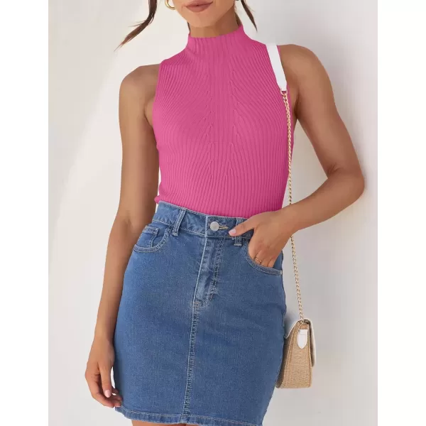 imageZESICA Womens Summer Ribbed High Neck Tank Tops Slim Fit 2024 Fashion Casual Basic Knit Sleeveless ShirtsHotpink