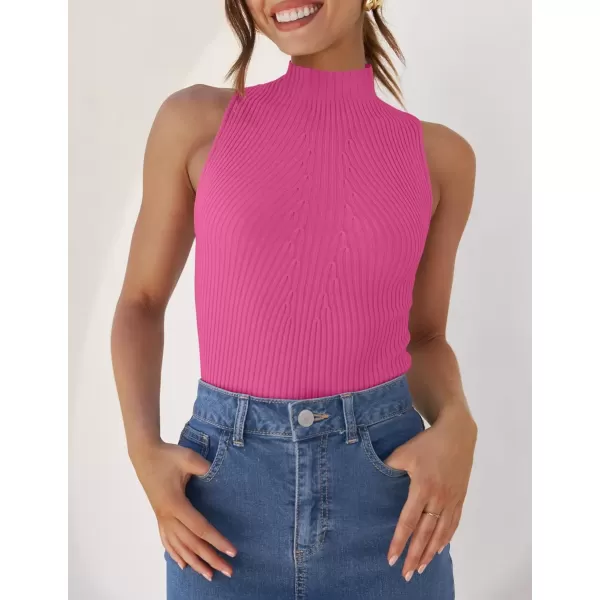imageZESICA Womens Summer Ribbed High Neck Tank Tops Slim Fit 2024 Fashion Casual Basic Knit Sleeveless ShirtsHotpink