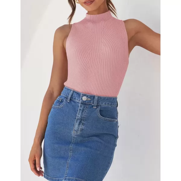 imageZESICA Womens Summer Ribbed High Neck Tank Tops Slim Fit 2024 Fashion Casual Basic Knit Sleeveless ShirtsPink
