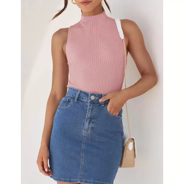 imageZESICA Womens Summer Ribbed High Neck Tank Tops Slim Fit 2024 Fashion Casual Basic Knit Sleeveless ShirtsPink