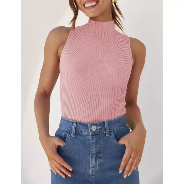 imageZESICA Womens Summer Ribbed High Neck Tank Tops Slim Fit 2024 Fashion Casual Basic Knit Sleeveless ShirtsPink