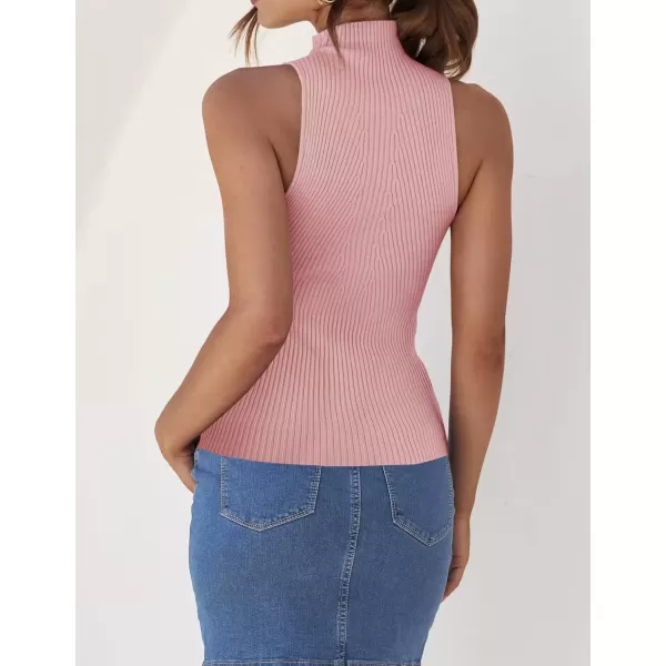 imageZESICA Womens Summer Ribbed High Neck Tank Tops Slim Fit 2024 Fashion Casual Basic Knit Sleeveless ShirtsPink