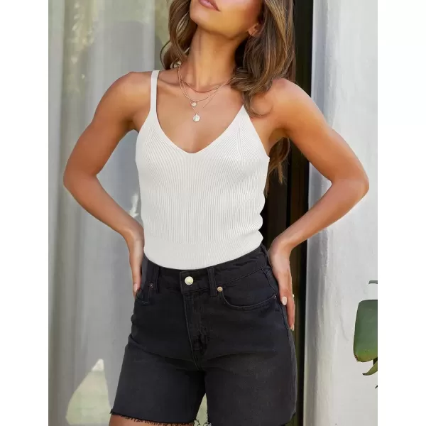 imageZESICA Womens Summer V Neck Tank Top 2024 Sleeveless Spaghetti Strap Cami Shirts Ribbed Knit Basic Crop Tops