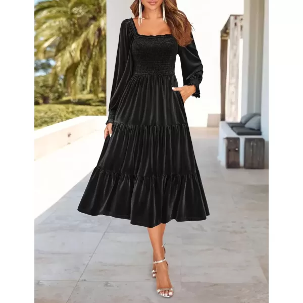 imageZESICA Womens Velvet Long Sleeve Dresses Fall Square Neck Smocked Ruffle A Line Flowy Midi Dress with PocketsBlack