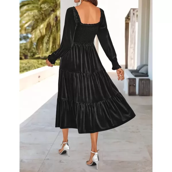 imageZESICA Womens Velvet Long Sleeve Dresses Fall Square Neck Smocked Ruffle A Line Flowy Midi Dress with PocketsBlack