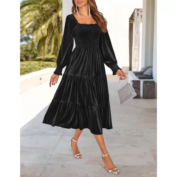 imageZESICA Womens Velvet Long Sleeve Dresses Fall Square Neck Smocked Ruffle A Line Flowy Midi Dress with PocketsBlack