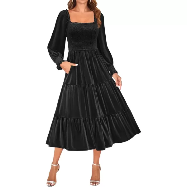 imageZESICA Womens Velvet Long Sleeve Dresses Fall Square Neck Smocked Ruffle A Line Flowy Midi Dress with PocketsBlack