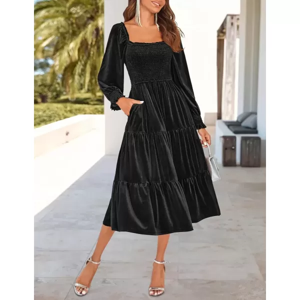 imageZESICA Womens Velvet Long Sleeve Dresses Fall Square Neck Smocked Ruffle A Line Flowy Midi Dress with PocketsBlack