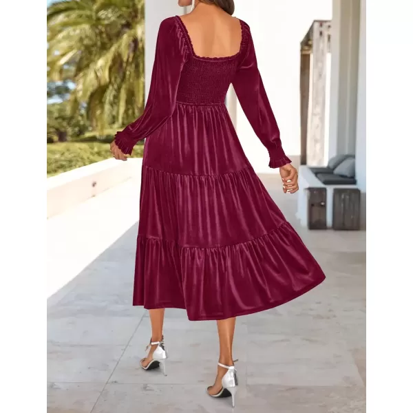 imageZESICA Womens Velvet Long Sleeve Dresses Fall Square Neck Smocked Ruffle A Line Flowy Midi Dress with PocketsBurgundy