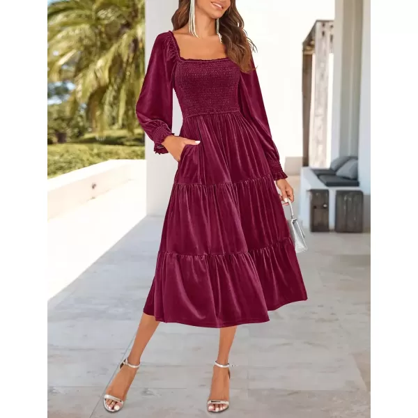 imageZESICA Womens Velvet Long Sleeve Dresses Fall Square Neck Smocked Ruffle A Line Flowy Midi Dress with PocketsBurgundy