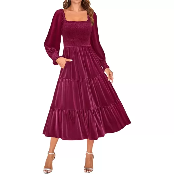 imageZESICA Womens Velvet Long Sleeve Dresses Fall Square Neck Smocked Ruffle A Line Flowy Midi Dress with PocketsBurgundy