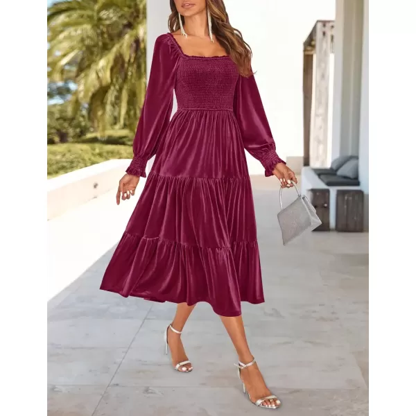 imageZESICA Womens Velvet Long Sleeve Dresses Fall Square Neck Smocked Ruffle A Line Flowy Midi Dress with PocketsBurgundy