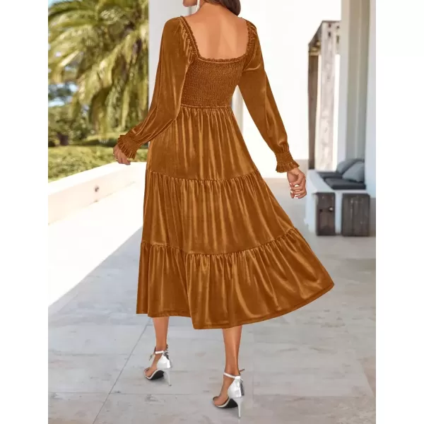 imageZESICA Womens Velvet Long Sleeve Dresses Fall Square Neck Smocked Ruffle A Line Flowy Midi Dress with PocketsCaramel