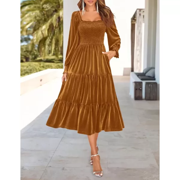 imageZESICA Womens Velvet Long Sleeve Dresses Fall Square Neck Smocked Ruffle A Line Flowy Midi Dress with PocketsCaramel
