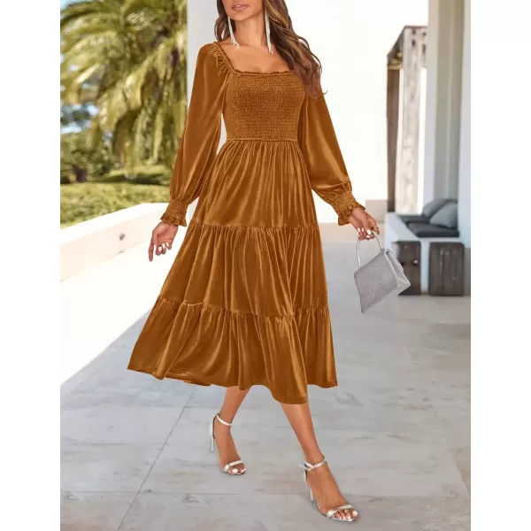 imageZESICA Womens Velvet Long Sleeve Dresses Fall Square Neck Smocked Ruffle A Line Flowy Midi Dress with PocketsCaramel