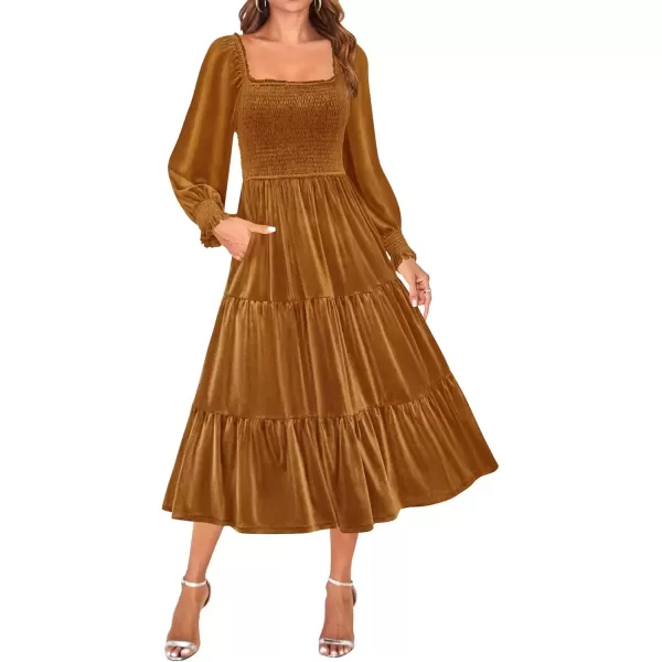 imageZESICA Womens Velvet Long Sleeve Dresses Fall Square Neck Smocked Ruffle A Line Flowy Midi Dress with PocketsCaramel