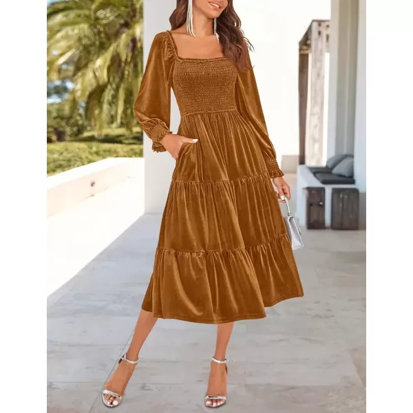 imageZESICA Womens Velvet Long Sleeve Dresses Fall Square Neck Smocked Ruffle A Line Flowy Midi Dress with PocketsCaramel