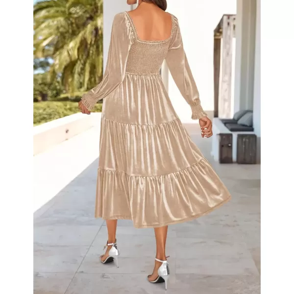 imageZESICA Womens Velvet Long Sleeve Dresses Fall Square Neck Smocked Ruffle A Line Flowy Midi Dress with PocketsChampagne