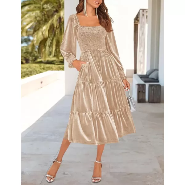 imageZESICA Womens Velvet Long Sleeve Dresses Fall Square Neck Smocked Ruffle A Line Flowy Midi Dress with PocketsChampagne