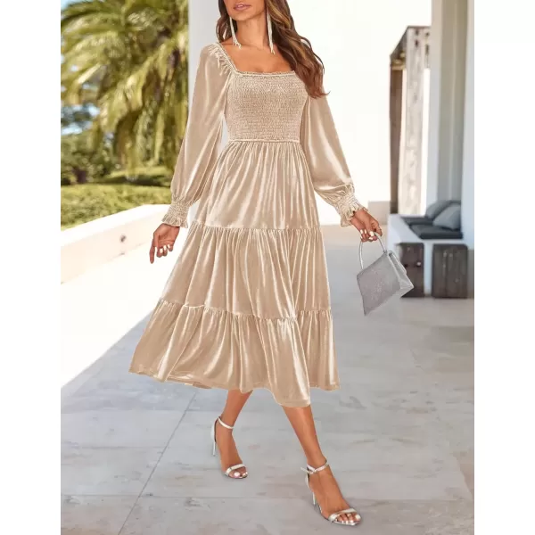 imageZESICA Womens Velvet Long Sleeve Dresses Fall Square Neck Smocked Ruffle A Line Flowy Midi Dress with PocketsChampagne