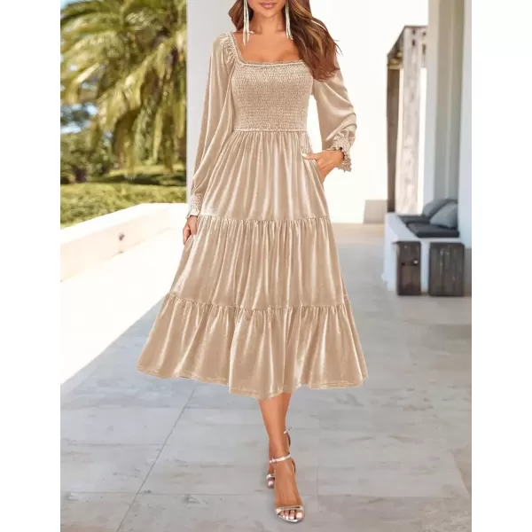 imageZESICA Womens Velvet Long Sleeve Dresses Fall Square Neck Smocked Ruffle A Line Flowy Midi Dress with PocketsChampagne