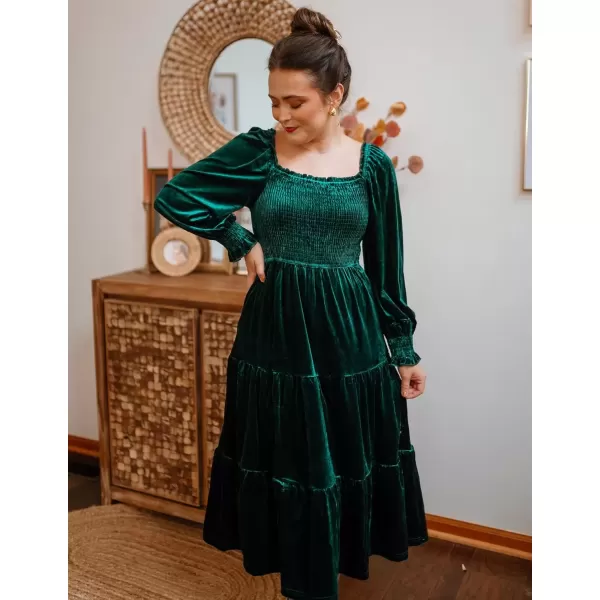 imageZESICA Womens Velvet Long Sleeve Dresses Fall Square Neck Smocked Ruffle A Line Flowy Midi Dress with PocketsDark Green