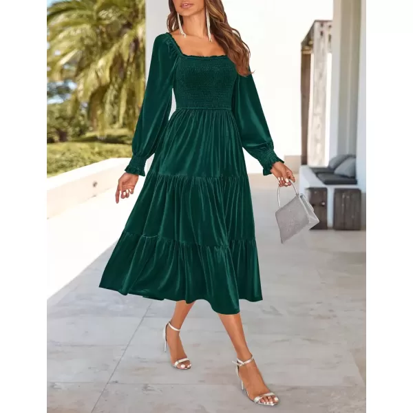 imageZESICA Womens Velvet Long Sleeve Dresses Fall Square Neck Smocked Ruffle A Line Flowy Midi Dress with PocketsDark Green