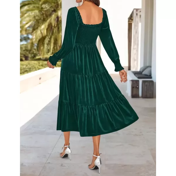 imageZESICA Womens Velvet Long Sleeve Dresses Fall Square Neck Smocked Ruffle A Line Flowy Midi Dress with PocketsDark Green
