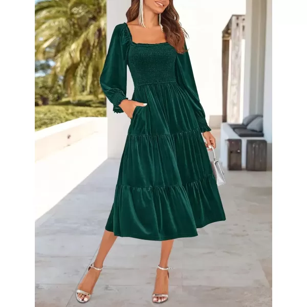 imageZESICA Womens Velvet Long Sleeve Dresses Fall Square Neck Smocked Ruffle A Line Flowy Midi Dress with PocketsDark Green