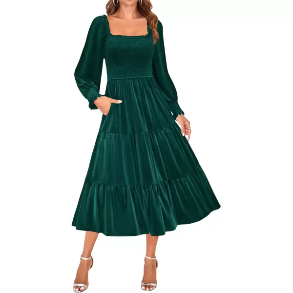 imageZESICA Womens Velvet Long Sleeve Dresses Fall Square Neck Smocked Ruffle A Line Flowy Midi Dress with PocketsDark Green