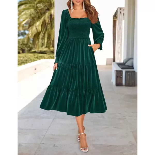 imageZESICA Womens Velvet Long Sleeve Dresses Fall Square Neck Smocked Ruffle A Line Flowy Midi Dress with PocketsDark Green