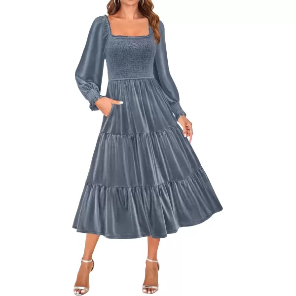 imageZESICA Womens Velvet Long Sleeve Dresses Fall Square Neck Smocked Ruffle A Line Flowy Midi Dress with PocketsDusty Blue