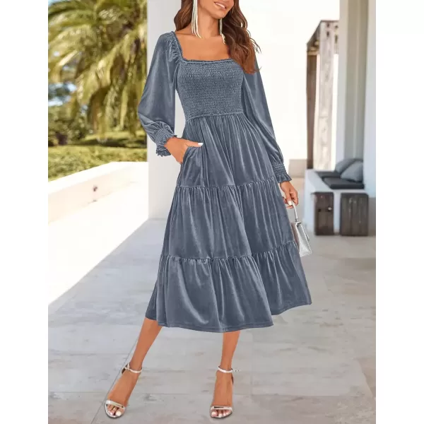 imageZESICA Womens Velvet Long Sleeve Dresses Fall Square Neck Smocked Ruffle A Line Flowy Midi Dress with PocketsDusty Blue