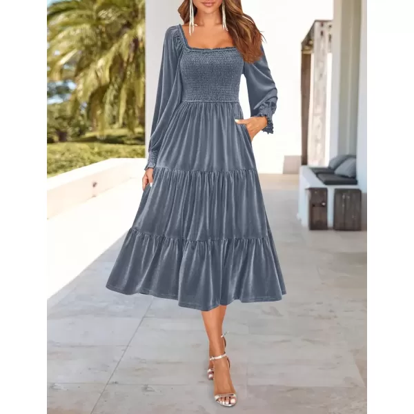 imageZESICA Womens Velvet Long Sleeve Dresses Fall Square Neck Smocked Ruffle A Line Flowy Midi Dress with PocketsDusty Blue