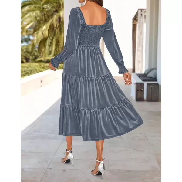 imageZESICA Womens Velvet Long Sleeve Dresses Fall Square Neck Smocked Ruffle A Line Flowy Midi Dress with PocketsDusty Blue