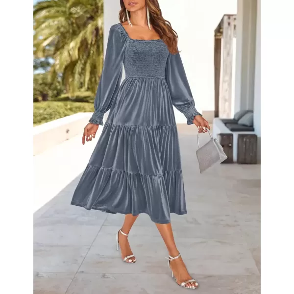 imageZESICA Womens Velvet Long Sleeve Dresses Fall Square Neck Smocked Ruffle A Line Flowy Midi Dress with PocketsDusty Blue