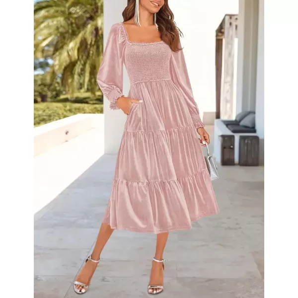 imageZESICA Womens Velvet Long Sleeve Dresses Fall Square Neck Smocked Ruffle A Line Flowy Midi Dress with PocketsPink