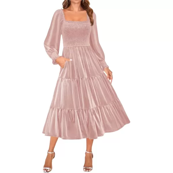 imageZESICA Womens Velvet Long Sleeve Dresses Fall Square Neck Smocked Ruffle A Line Flowy Midi Dress with PocketsPink