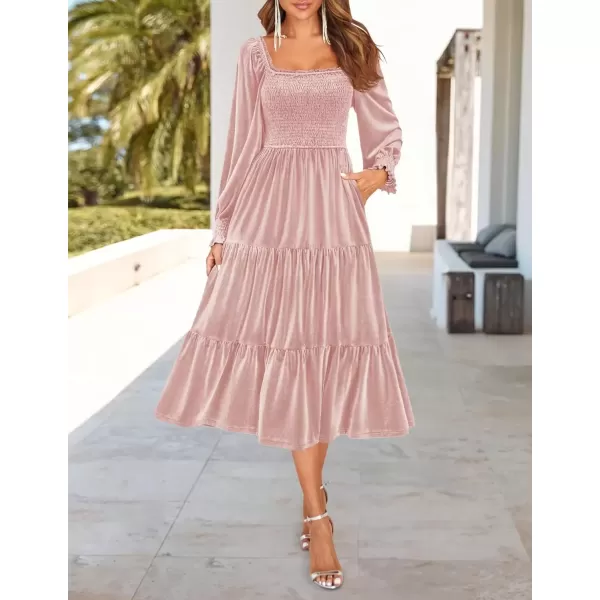 imageZESICA Womens Velvet Long Sleeve Dresses Fall Square Neck Smocked Ruffle A Line Flowy Midi Dress with PocketsPink