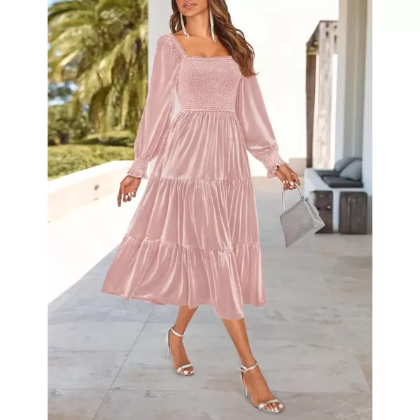 imageZESICA Womens Velvet Long Sleeve Dresses Fall Square Neck Smocked Ruffle A Line Flowy Midi Dress with PocketsPink