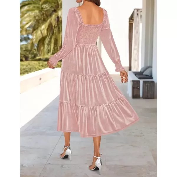 imageZESICA Womens Velvet Long Sleeve Dresses Fall Square Neck Smocked Ruffle A Line Flowy Midi Dress with PocketsPink