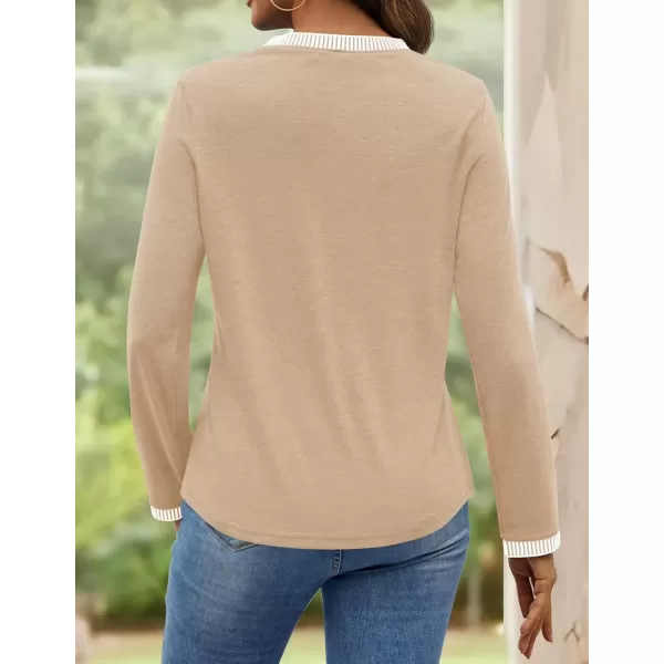 imageZESICA Long Sleeve Shirts for Women Striped Color Block Crewneck Tshirts 2024 Fall Pleated Trendy TopsApricot