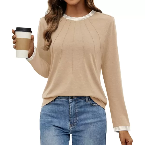 imageZESICA Long Sleeve Shirts for Women Striped Color Block Crewneck Tshirts 2024 Fall Pleated Trendy TopsApricot