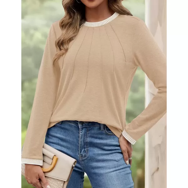 imageZESICA Long Sleeve Shirts for Women Striped Color Block Crewneck Tshirts 2024 Fall Pleated Trendy TopsApricot