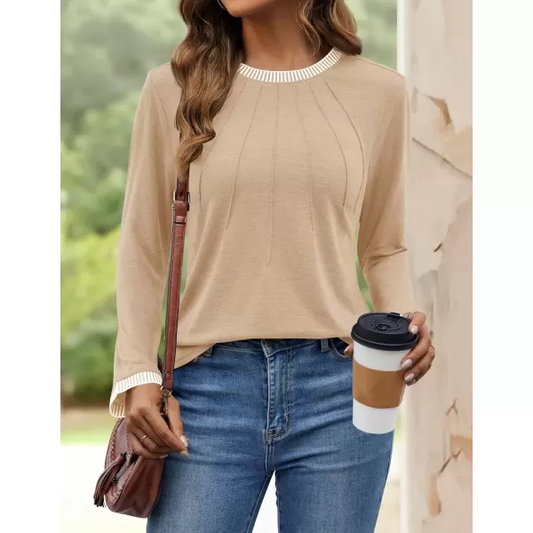 imageZESICA Long Sleeve Shirts for Women Striped Color Block Crewneck Tshirts 2024 Fall Pleated Trendy TopsApricot