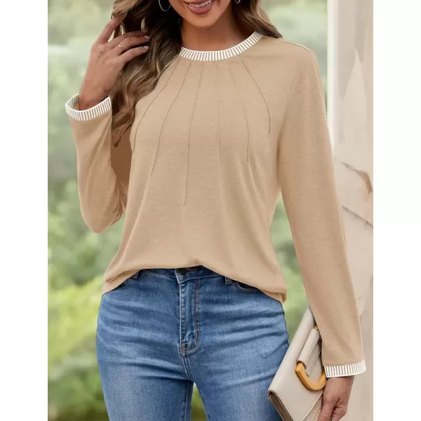 imageZESICA Long Sleeve Shirts for Women Striped Color Block Crewneck Tshirts 2024 Fall Pleated Trendy TopsApricot