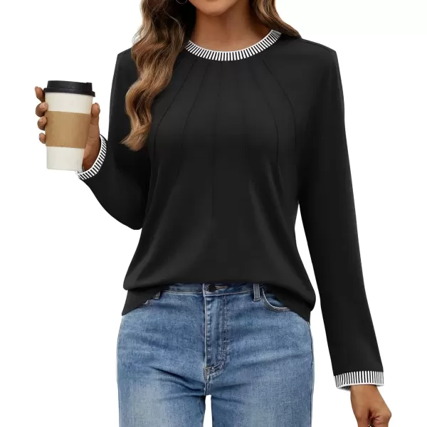 imageZESICA Long Sleeve Shirts for Women Striped Color Block Crewneck Tshirts 2024 Fall Pleated Trendy TopsBlack