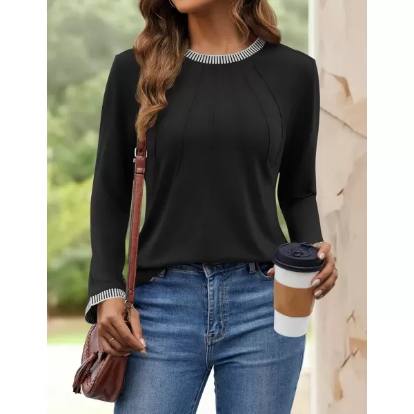 imageZESICA Long Sleeve Shirts for Women Striped Color Block Crewneck Tshirts 2024 Fall Pleated Trendy TopsBlack