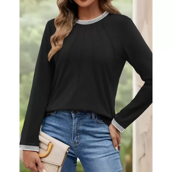 imageZESICA Long Sleeve Shirts for Women Striped Color Block Crewneck Tshirts 2024 Fall Pleated Trendy TopsBlack